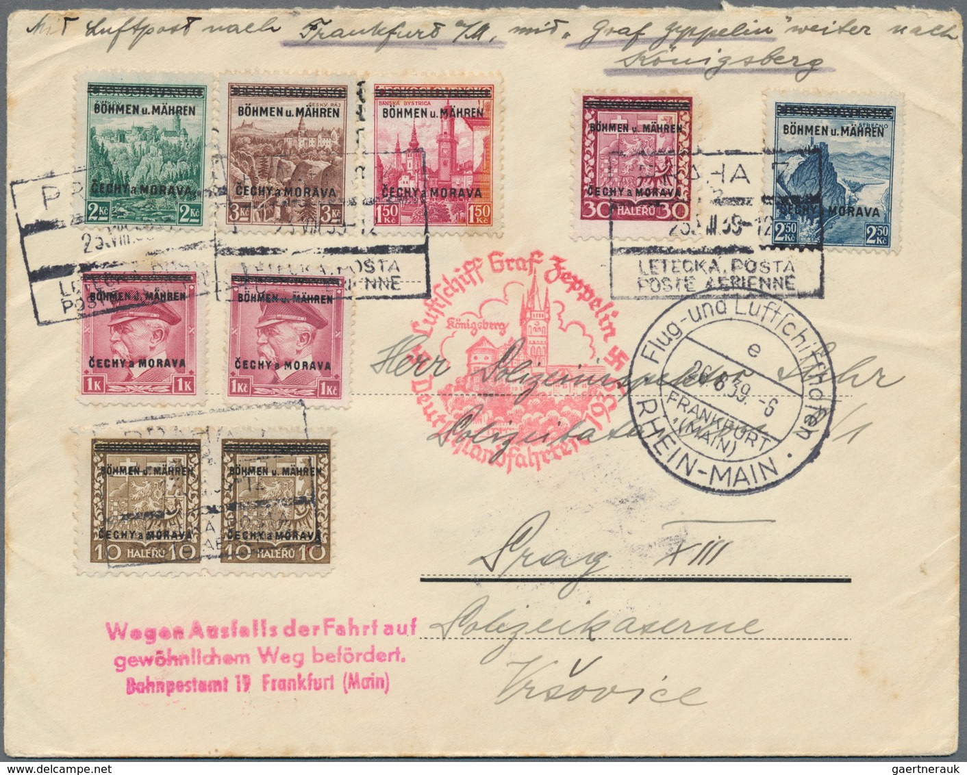 01384 Dt. Besetzung II WK - Böhmen Und Mähren: 1939, Zuleitungspost Zur LZ 130 Graf Zeppelin Deutschlandfa - Bezetting 1938-45