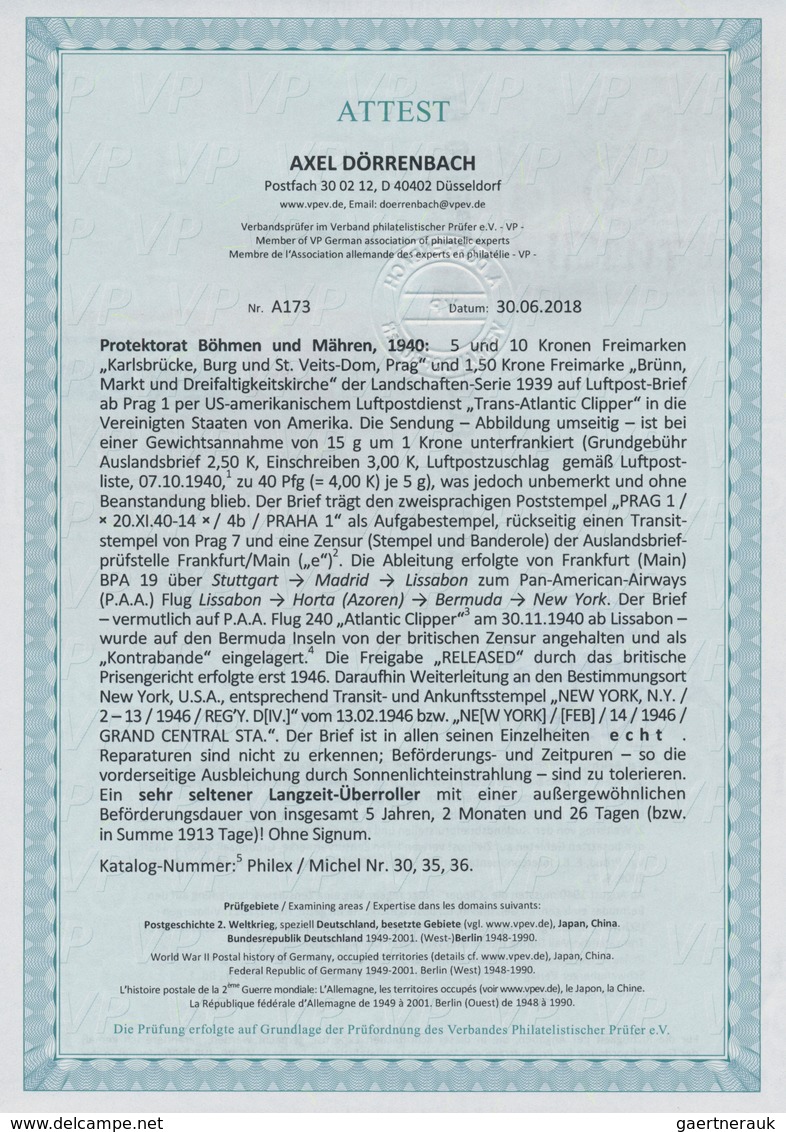 01388 Dt. Besetzung II WK - Böhmen Und Mähren: 1940, 1,50 K Karmin, 5 K Grün Und 10 K Ultramarin, Mischfra - Occupation 1938-45