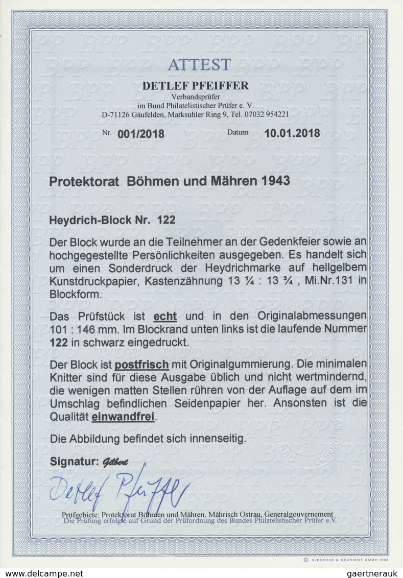 01389 Dt. Besetzung II WK - Böhmen Und Mähren: 1943. SONDERBLOCKAUSGABE Zum 1. Todestag Reinhard Heydrichs - Occupation 1938-45