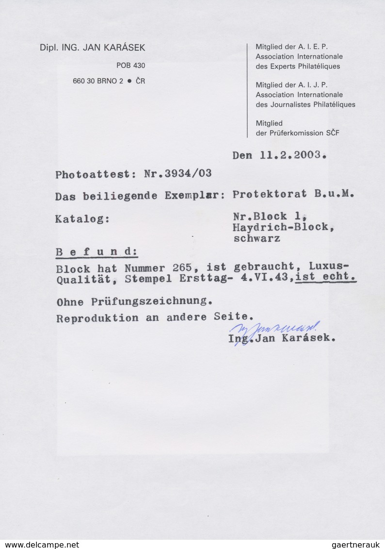 01391 Dt. Besetzung II WK - Böhmen Und Mähren: 1943. SONDERBLOCKAUSGABE Zum 1. Todestag Reinhard Heydrichs - Occupation 1938-45