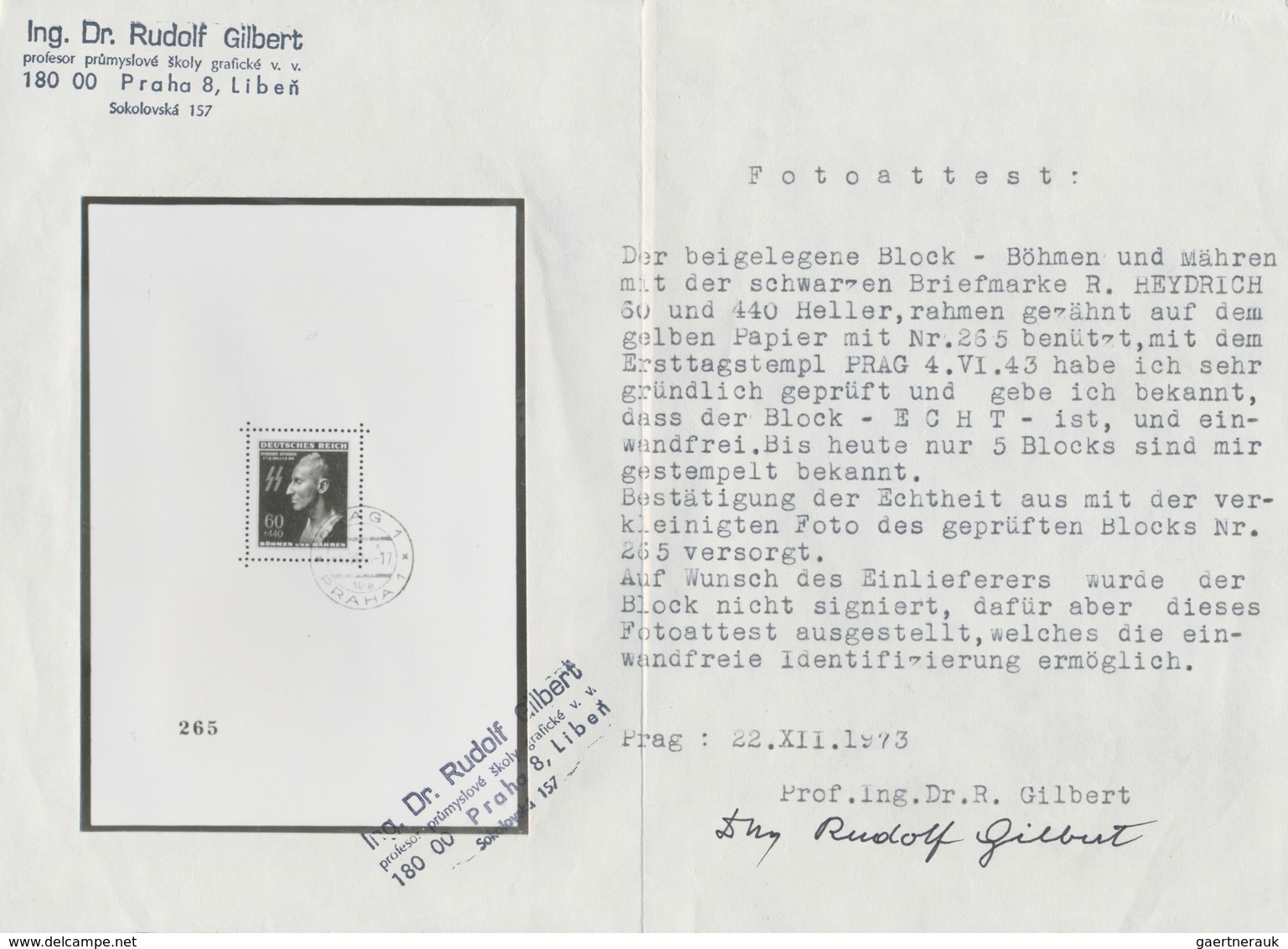 01391 Dt. Besetzung II WK - Böhmen Und Mähren: 1943. SONDERBLOCKAUSGABE Zum 1. Todestag Reinhard Heydrichs - Besetzungen 1938-45