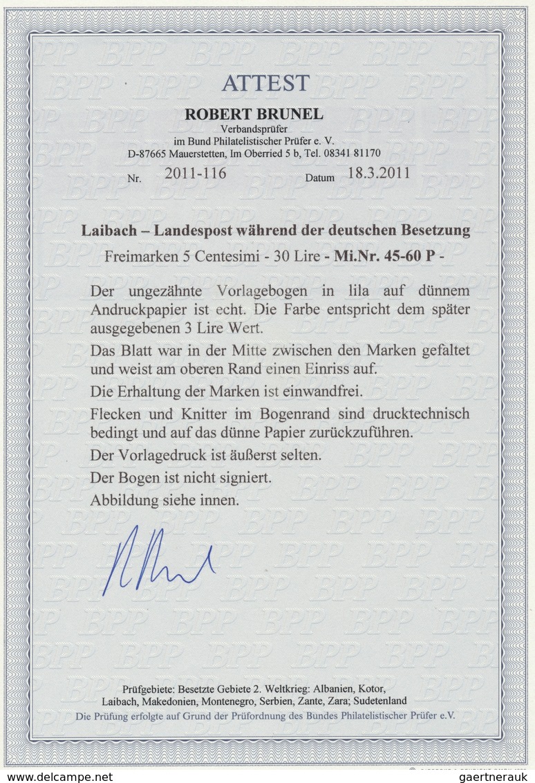 01398 Dt. Besetzung II WK - Laibach: 1945: Freimarkenserie Zu 16 Werten, 5 C. - 30 L., Kombinationsbogen, - Besetzungen 1938-45