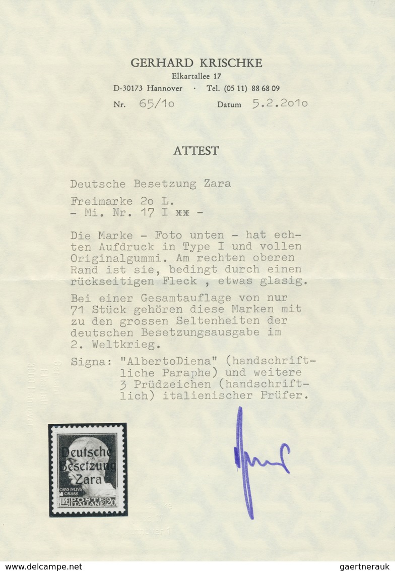 01402 Dt. Besetzung II WK - Zara: 1943, 20 Lire Dunkelgrün, Aufdruck Type I, Farbfrisches Exemplar In Gute - Besetzungen 1938-45