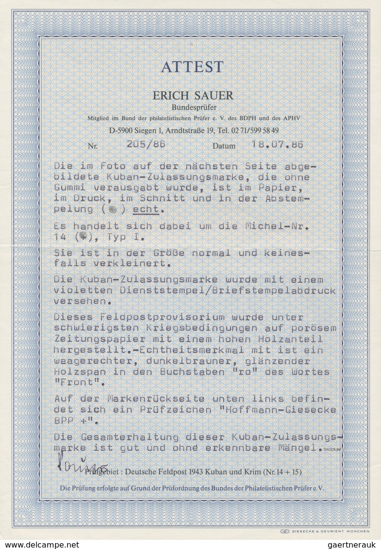 01409 Feldpostmarken: 1943, Kuban-Zulassungsmarke Für Feldpostpäckchen In Type I, Entwertet Mit Violettem - Andere & Zonder Classificatie