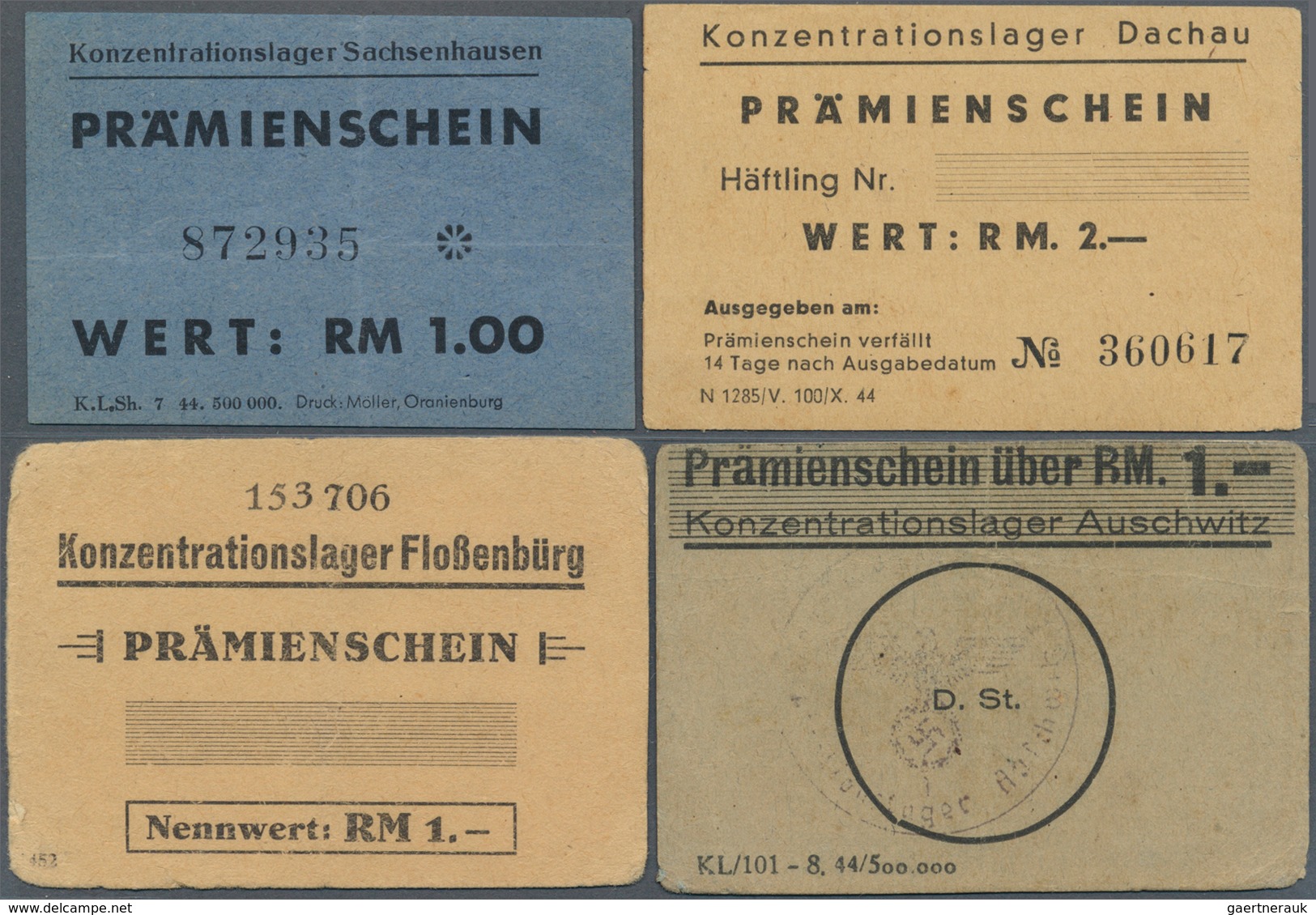 01418 KZ-Post: 1940/1944, Sammlung Mit Ca. 80 Wertmarken Und Ca. 20 Geldscheinen Aus Konzentrationslagern - Lettres & Documents