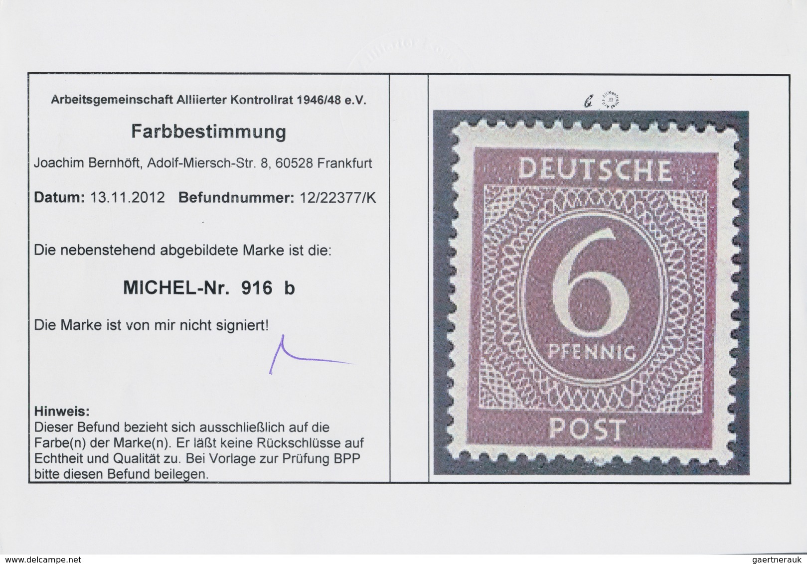 01419 Alliierte Besetzung - Gemeinschaftsausgaben: 1946, Freimarke 6 Pfg. Ziffer Schwarzviolett, Postfrisc - Other & Unclassified