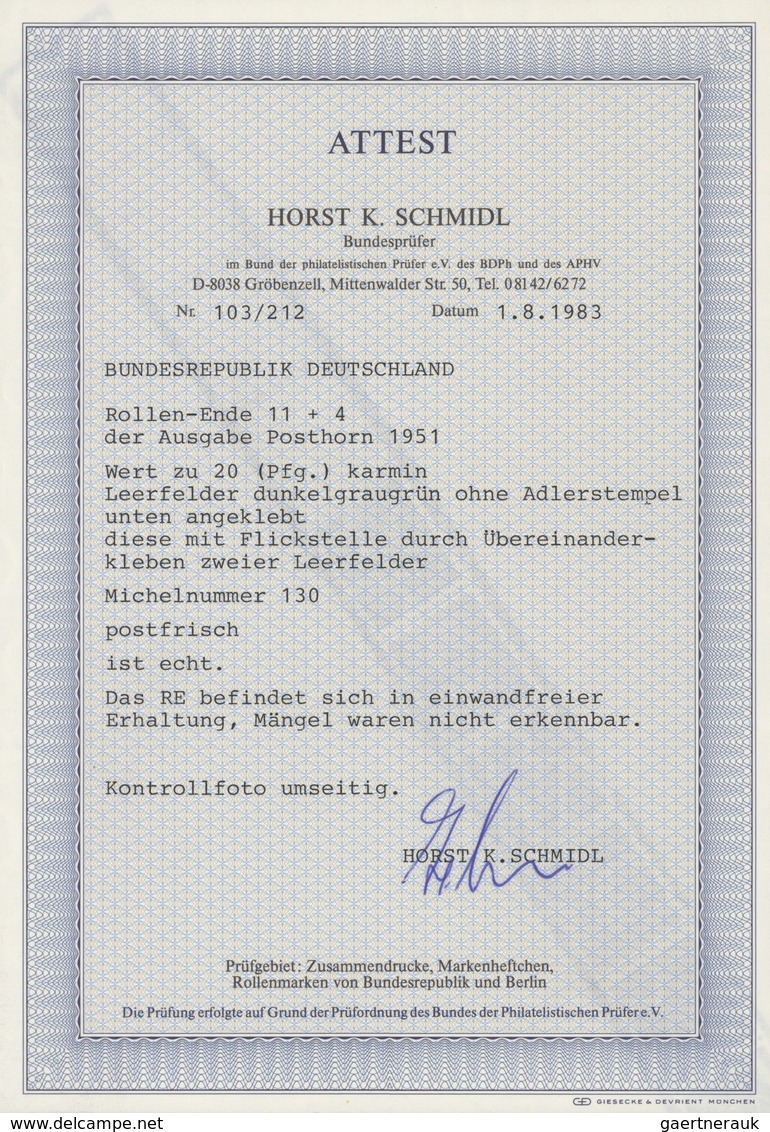 01431 Bundesrepublik - Rollenmarken: 1951. Posthorn 20 Pf. Rollen-Ende RE 11 + 4Lf. Leerfelder Dunkelgraug - Rolstempels