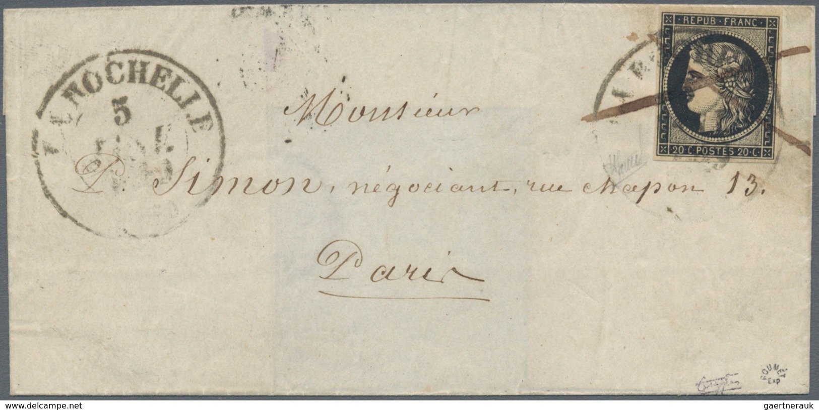 01439 Frankreich: 1849, 20 C Black On Yellowish, Good Margins, Tied By Light Strike Of Large Double Circle - Gebruikt