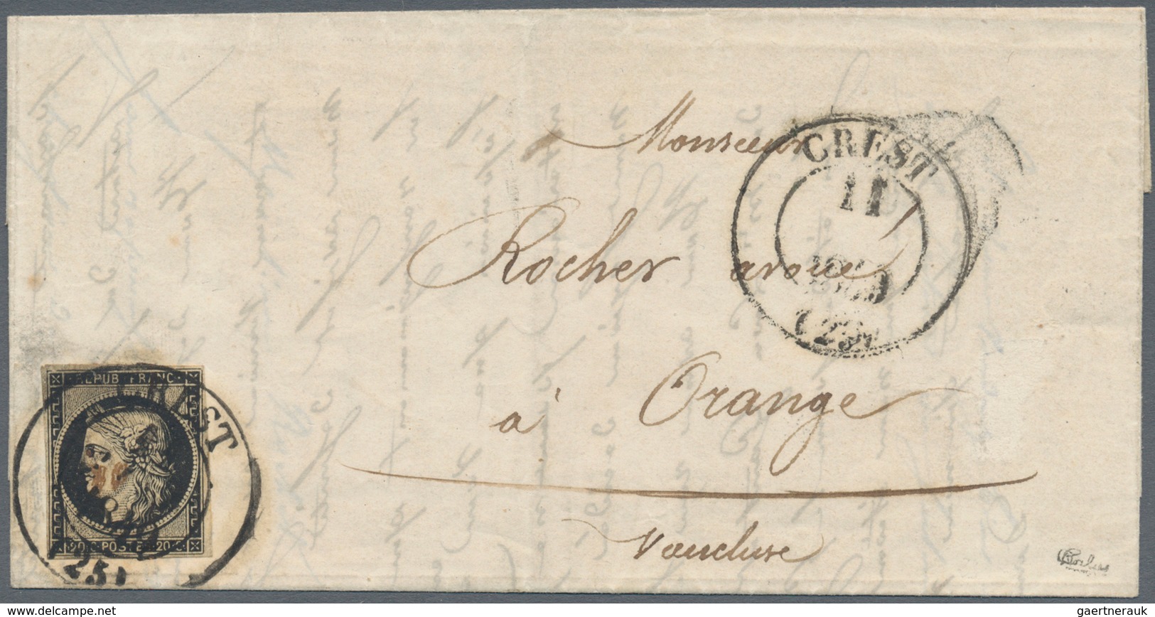 01440 Frankreich: 1849, 20 C Black On Yellowish, Ample Margins, Tied By Large Double Circle CREST, 11 JANV - Gebruikt