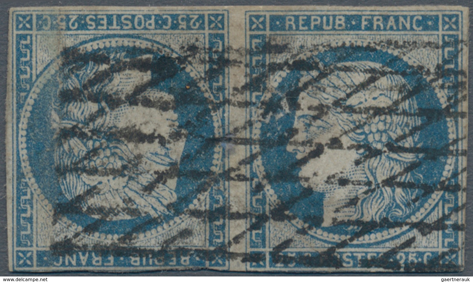 01443 Frankreich: 1850, 25 C Blue, Tete-beche Pair, Open Grill Cancellation, Two Horizontal Margins Touche - Oblitérés