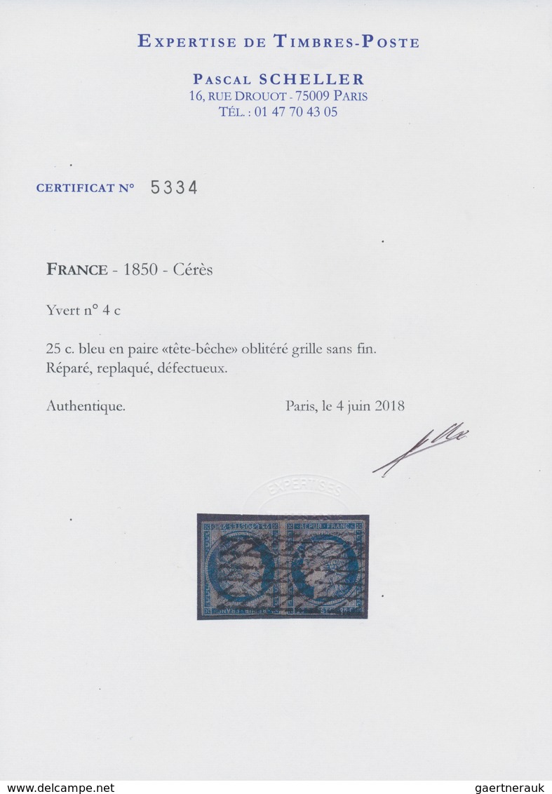 01443 Frankreich: 1850, 25 C Blue, Tete-beche Pair, Open Grill Cancellation, Two Horizontal Margins Touche - Gebruikt