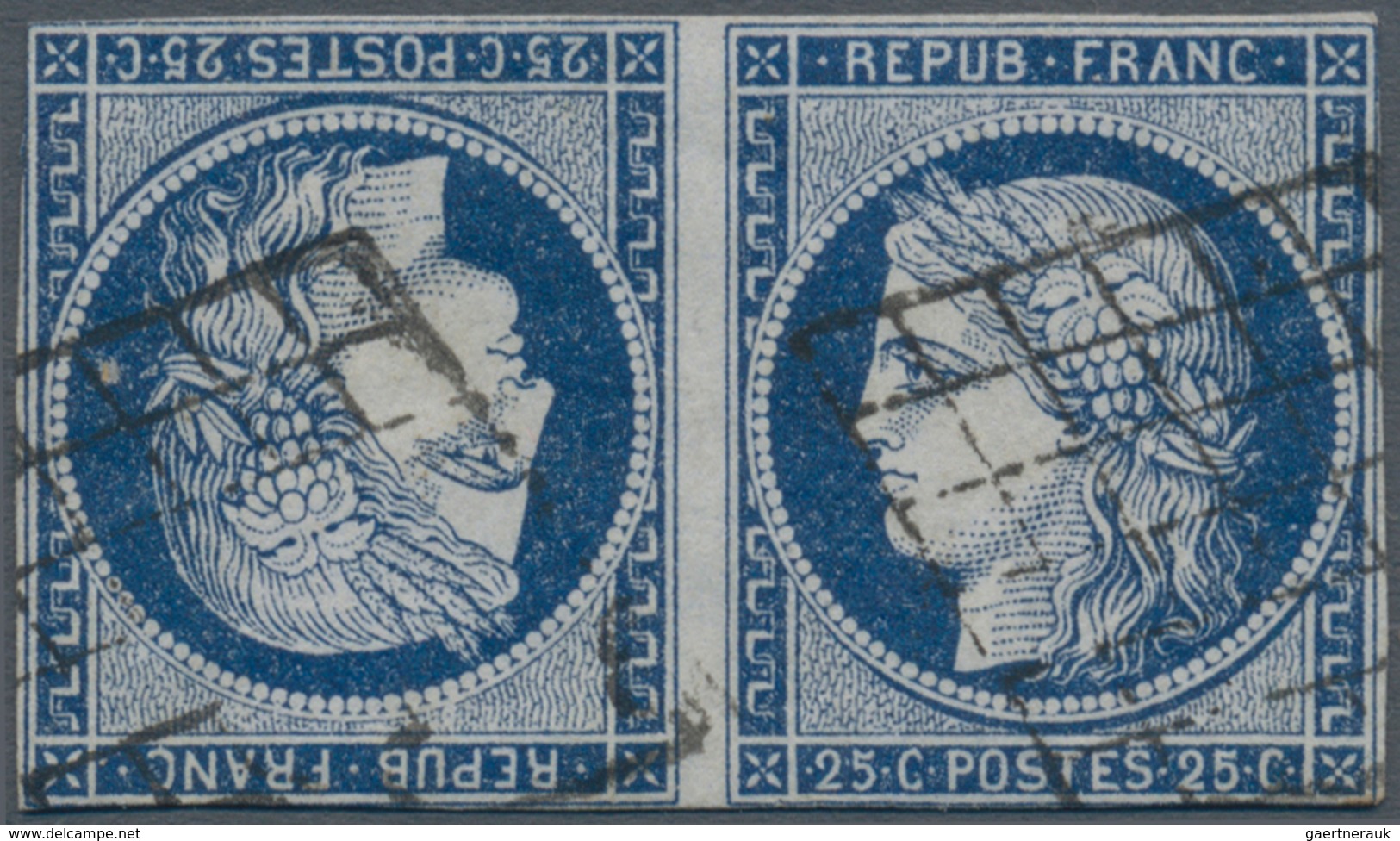 01444 Frankreich: 1849 Ceres 25c. Blue Horizontal TÊTE-BÊCHE Pair, Used And Cancelled By Black Grille, Wit - Gebruikt