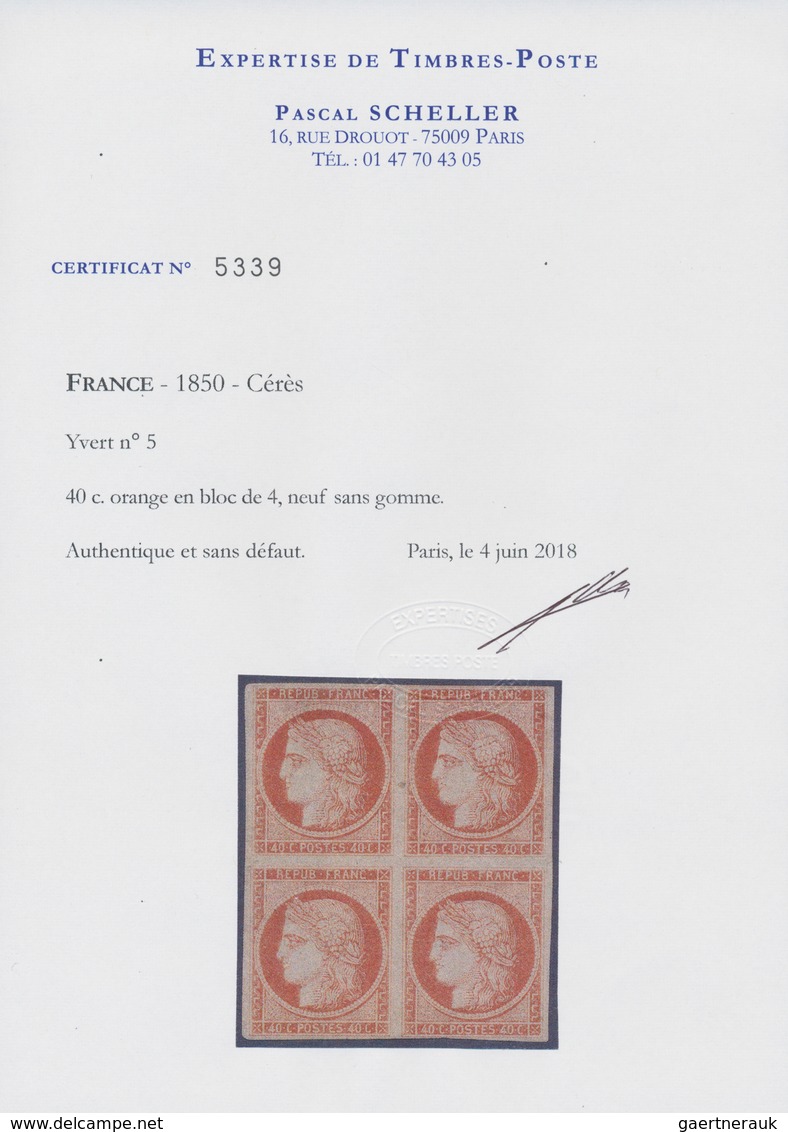 01447 Frankreich: 1850, 40 C Orange On Yellowish, Type I, Unused Block Of Four Showing The "defective Impr - Used Stamps