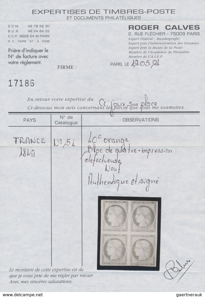 01447 Frankreich: 1850, 40 C Orange On Yellowish, Type I, Unused Block Of Four Showing The "defective Impr - Gebruikt