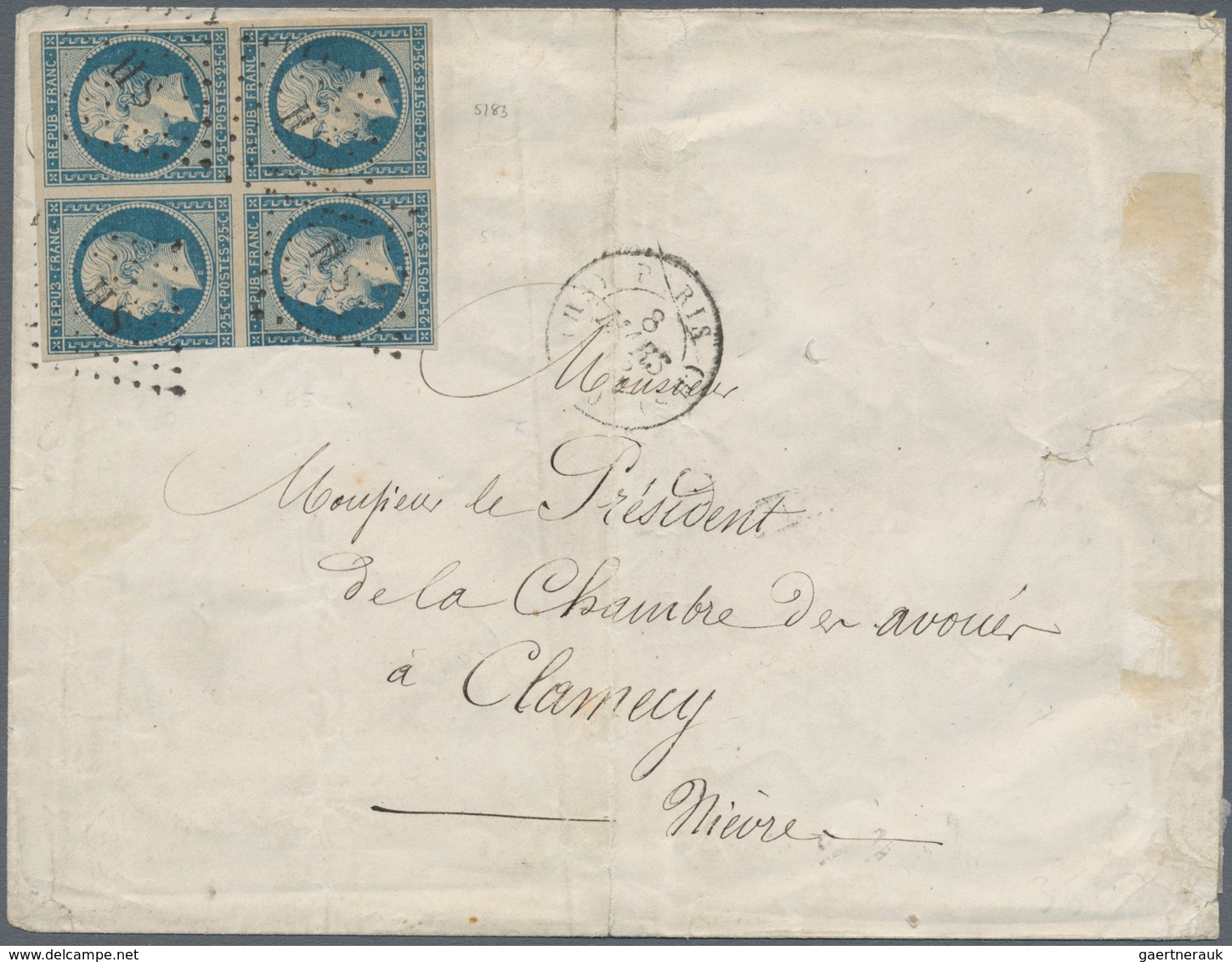 01457 Frankreich: 1852, 25 C Blue, Block Of Four, Tied By Rhombus Of Dots "HS" Cancellation, On Cover From - Gebruikt