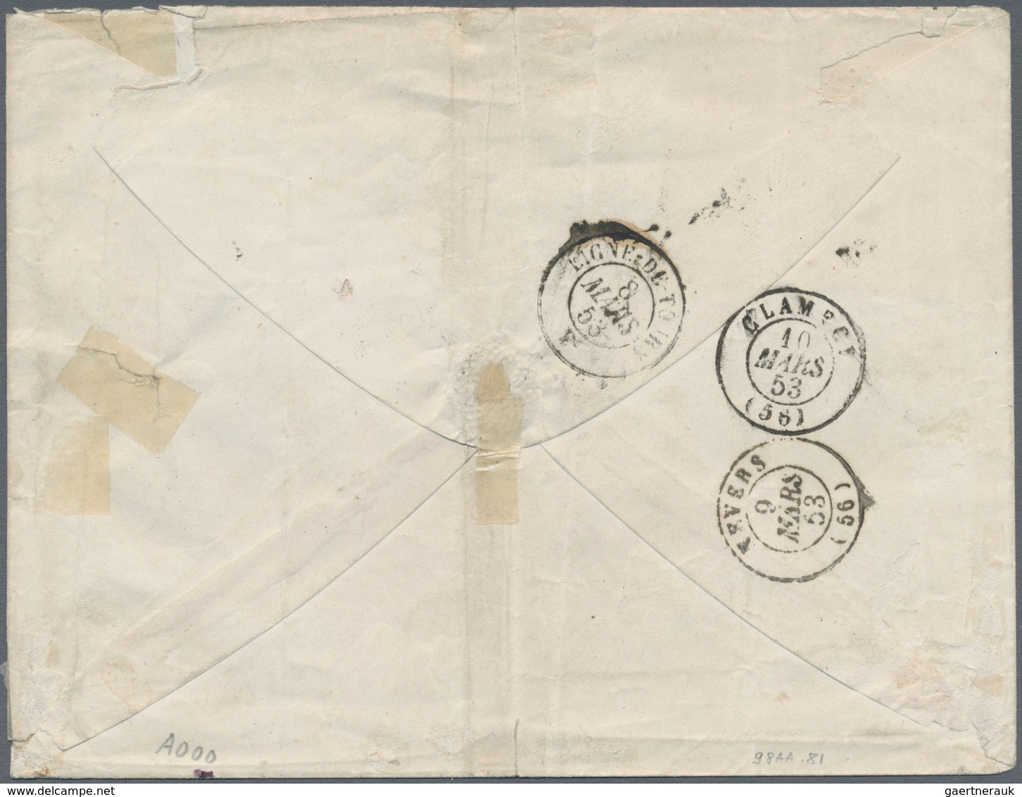 01457 Frankreich: 1852, 25 C Blue, Block Of Four, Tied By Rhombus Of Dots "HS" Cancellation, On Cover From - Gebruikt