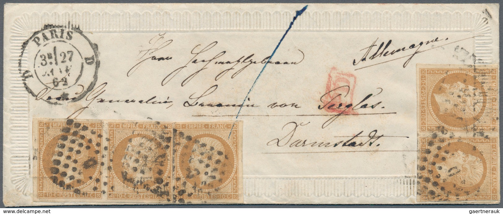 01458 Frankreich: 1862, 10 C. Yellow-brown (2 Pairs And Single Value) On Small Decorative Embossed Valenti - Gebraucht