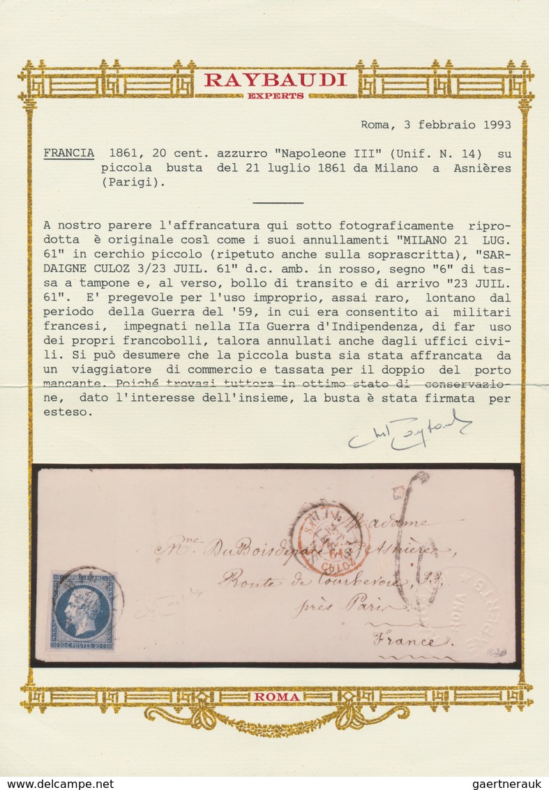 01461 Frankreich: 1861, FRANCE USED IN ITALY, Napoleon Nd 20c. Blue, Single Franking On Cover From "MILANO - Oblitérés