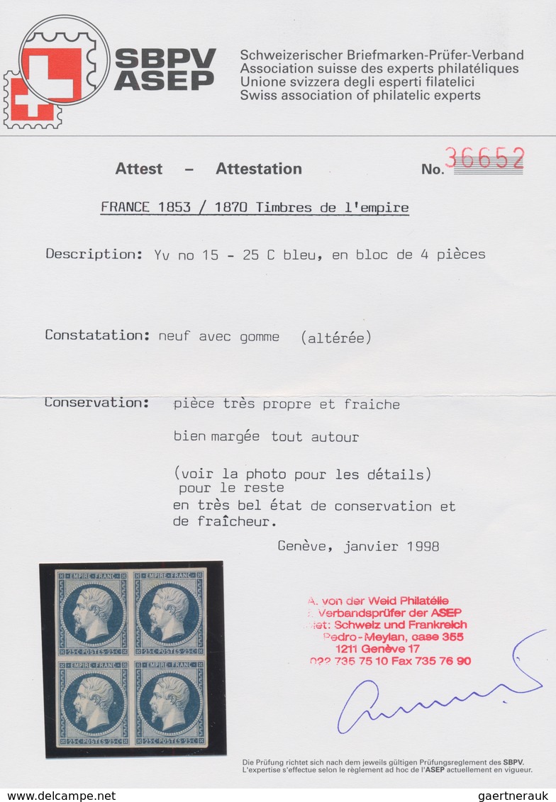 01463 Frankreich: 1853, Empire Nd 25c. Blue, Block Of Four, Bright Colour And Full Margins All Around, Unu - Gebruikt