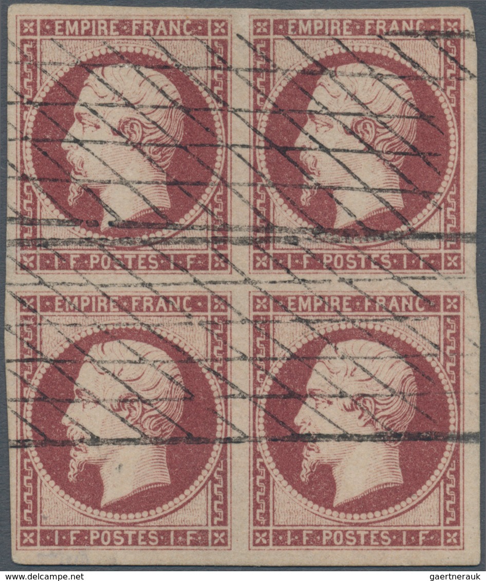 01466 Frankreich: 1853, 1 F Lake On Yellowish, Used Block Of 4 With Open Grill Cancellations, Large To Ver - Used Stamps