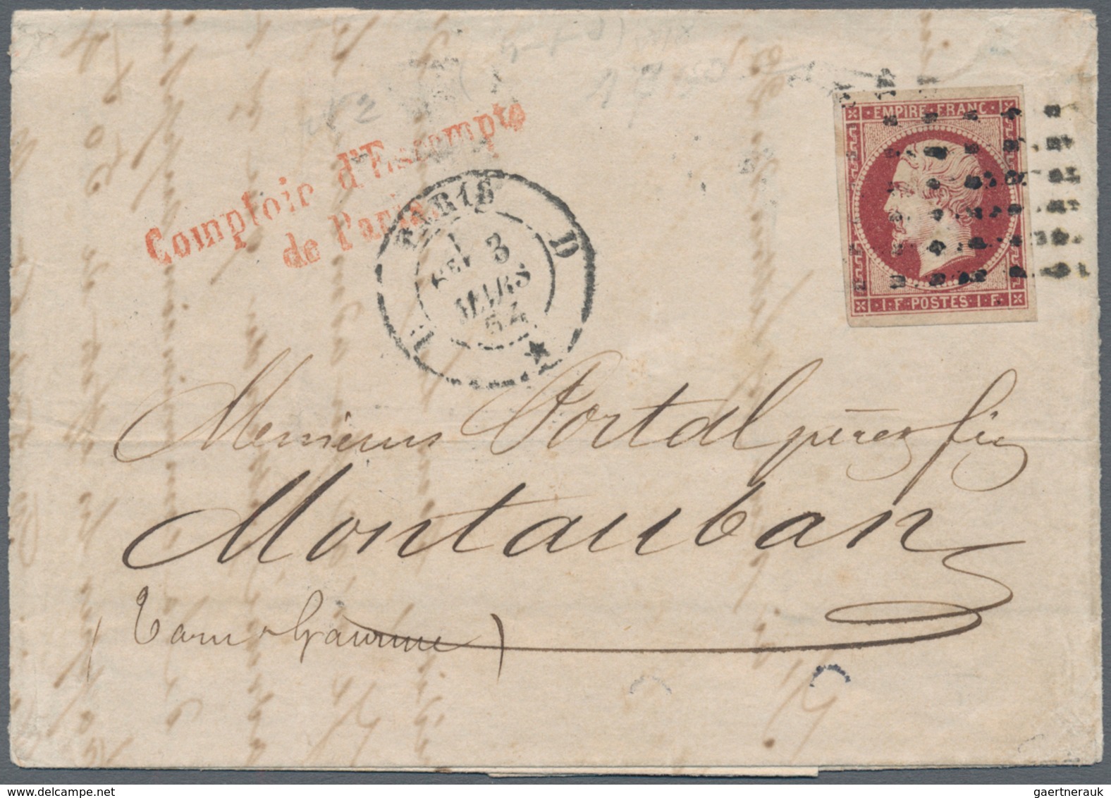 01467 Frankreich: 1853, 1 F Carmine, Full Margins At All Sides, Tied By Roller Cancel With Large Dots (rou - Gebruikt