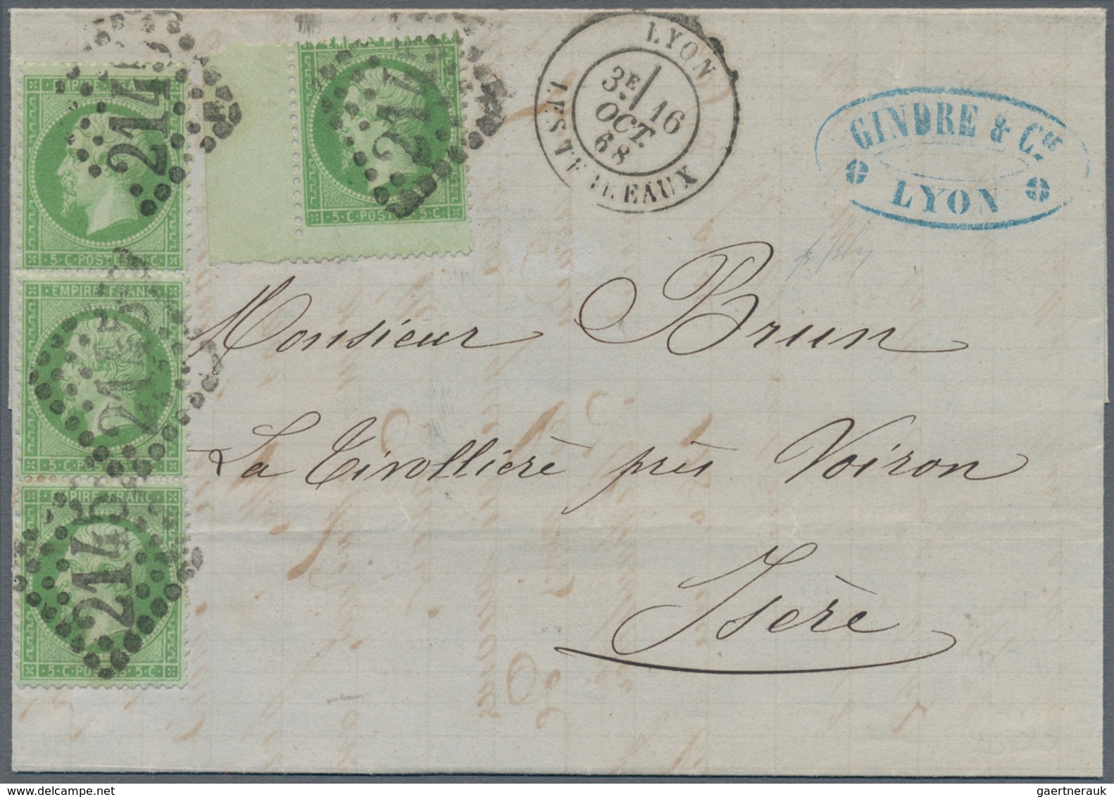 01468 Frankreich: 1862, 5 C Green Napoleon, Vertical Strip Of 3, Together With A Further Stamp From Left S - Gebruikt