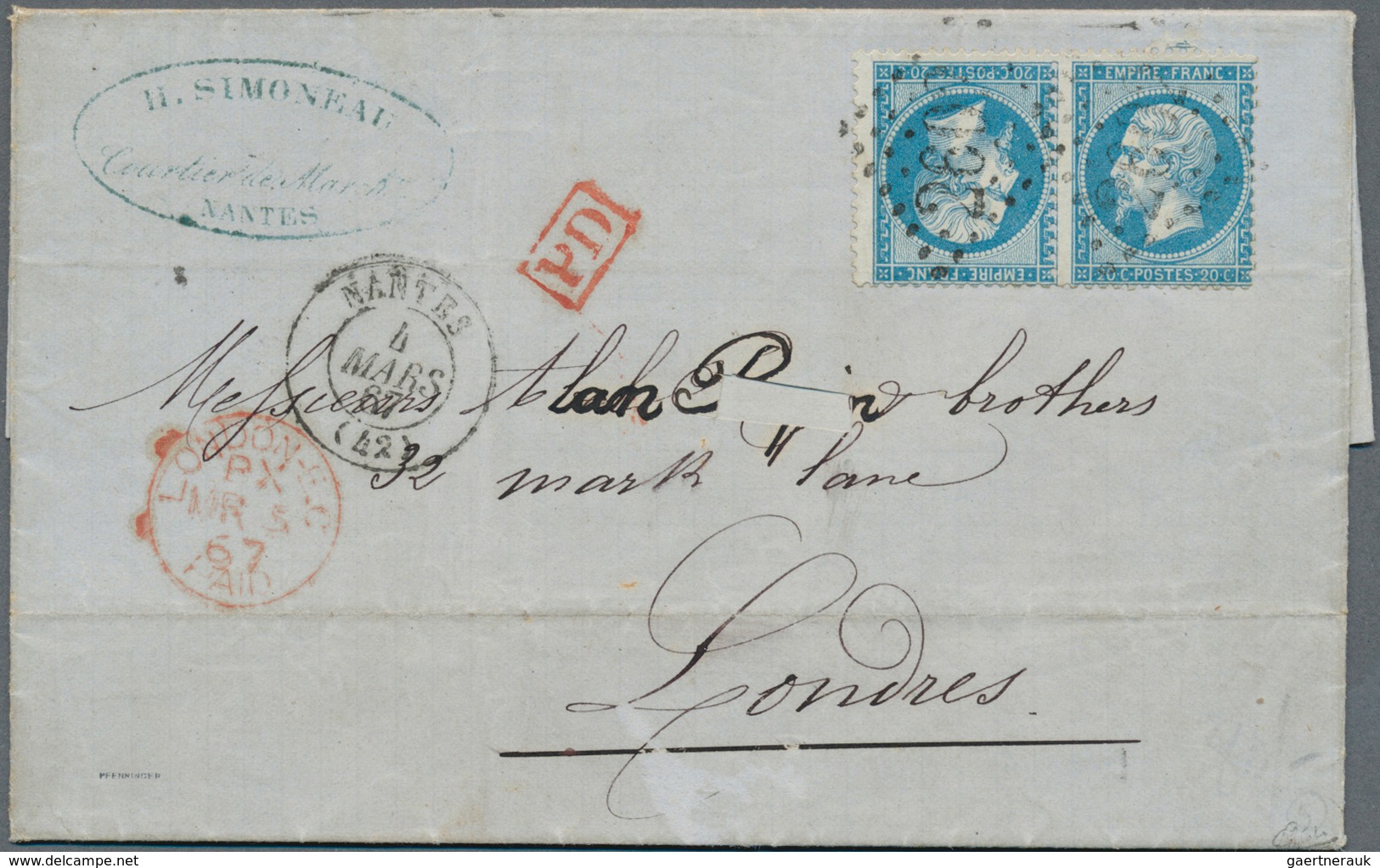 01469 Frankreich: 1867, Napoleon Dentele 20c. Blue, Tête-bêche Pair, Fresh Colour And Mainly Well Perforat - Oblitérés