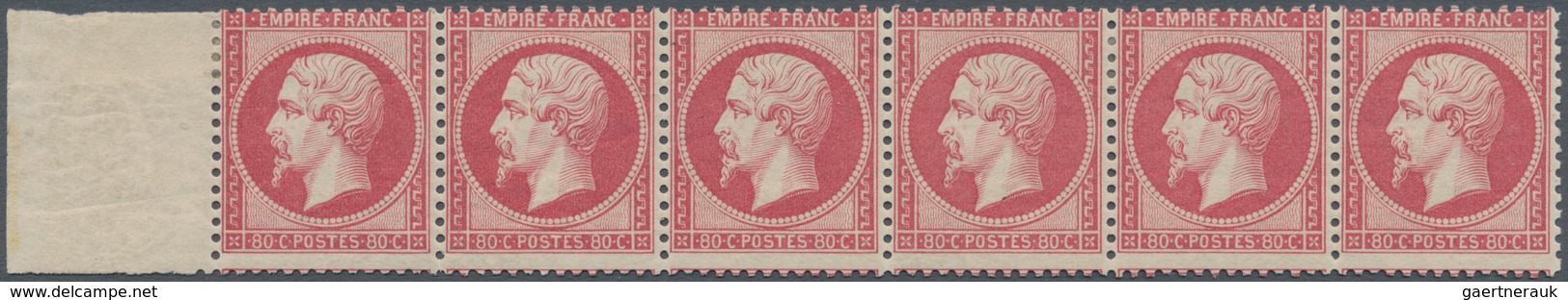 01470 Frankreich: 1862, 80 C Rose On Pinkish, Horizontal Strip Of Six With Left Sheet Margin, Vivid Color, - Oblitérés