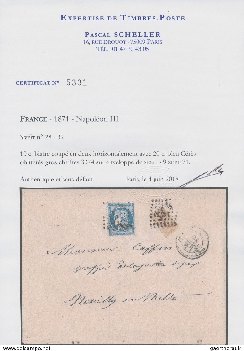 01472 Frankreich: 1865/1871, 10 C Bister On Yellowish Napoleon, Upper Half Used As 5 C, Together With 20 C - Used Stamps