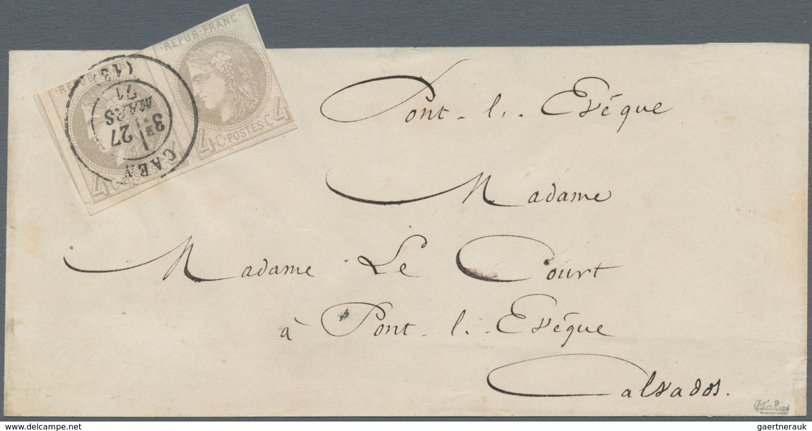 01477 Frankreich: 1871, Bordeaux 4c. Grey, Report 1, Horiz. Pair Of Fresh Colour, Full To Huge Margins At - Oblitérés