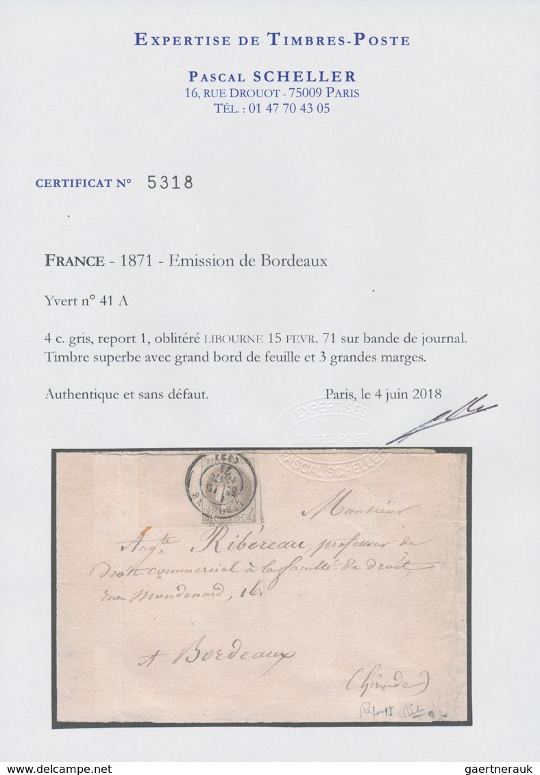 01479 Frankreich: 1870, 4 C Grey, Report 1, Huge Margins Including A Wide Sheet Margin At Left, Tied By Do - Gebraucht