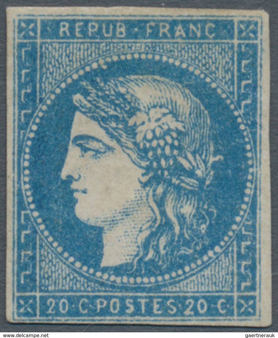 01480 Frankreich: 1870, Bordeaux 20c. Blue, Type I, Report 2, Fresh Colour, Close To Full Margins, Mint O. - Gebruikt