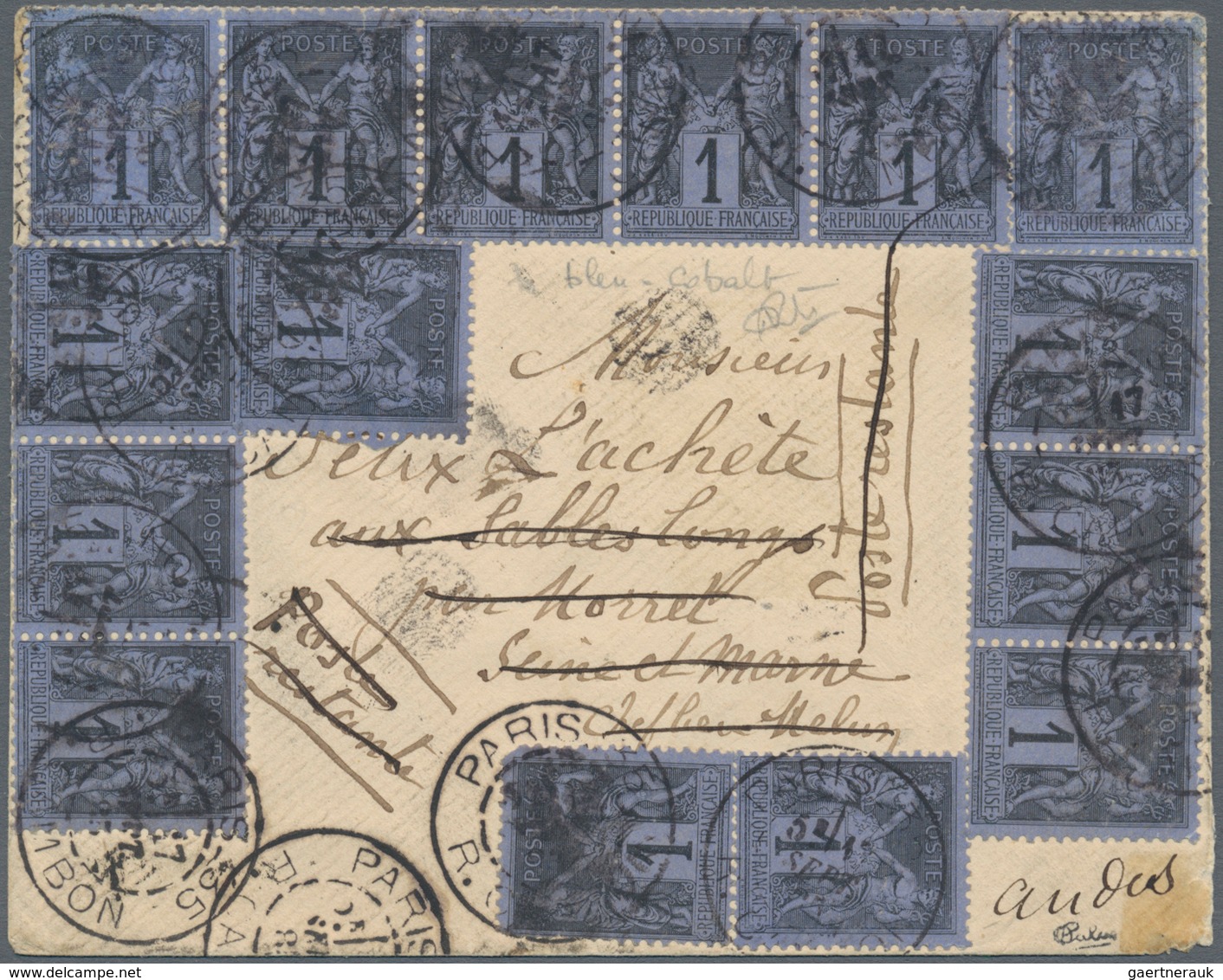 01484 Frankreich: 1877, 1 C Black On Cobalt Blue, Fifteen Copies Including Strips, Multiple Franking On Co - Gebraucht