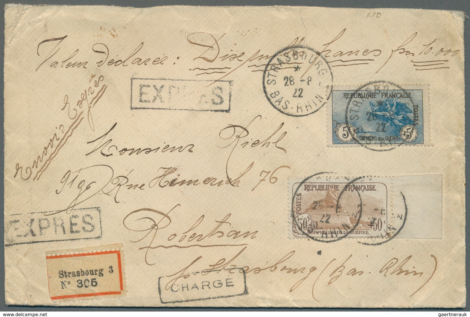 01485 Frankreich: 1922, 22 Aug: "Semi-Postals", Registered Value-declared Express Cover Franked With War O - Gebraucht