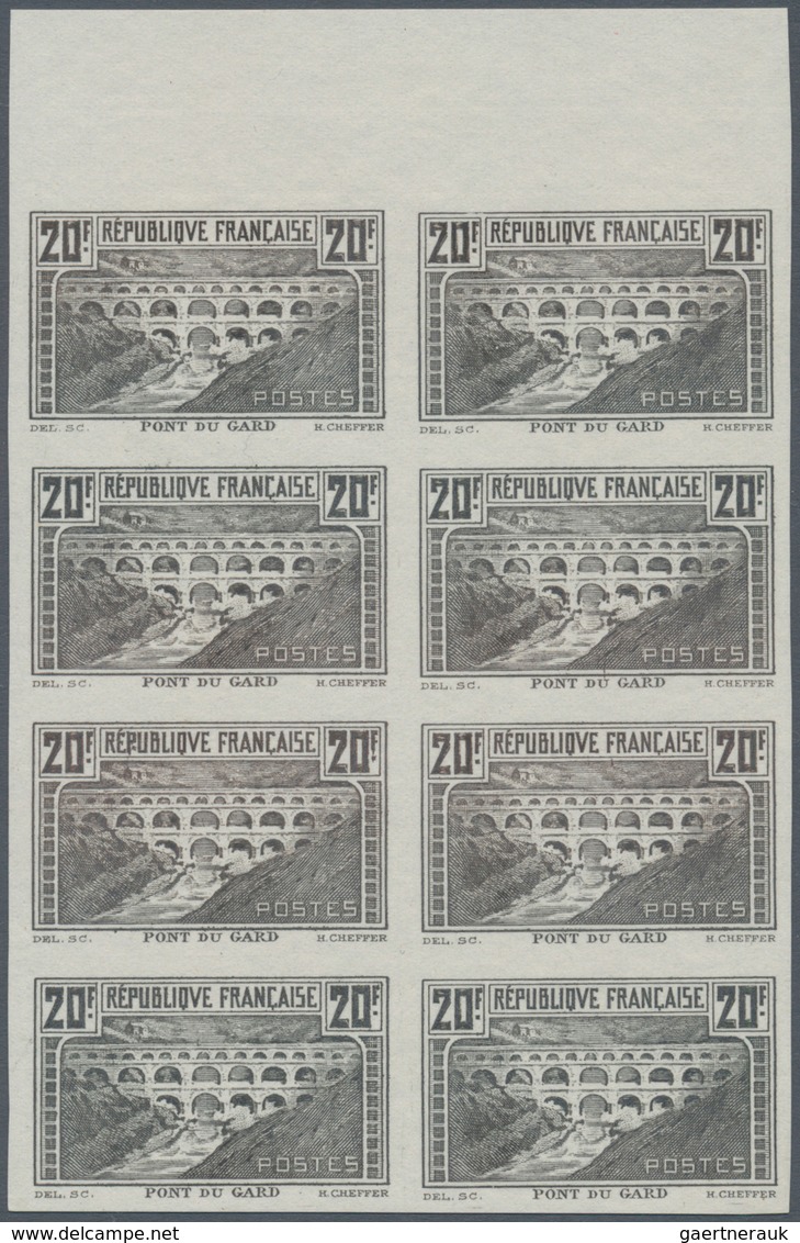 01487 Frankreich: 1929, 20 F Grey-black Pont Du Gard, Color Proof, Ungummed Imperforated Block Of 8, Very - Used Stamps