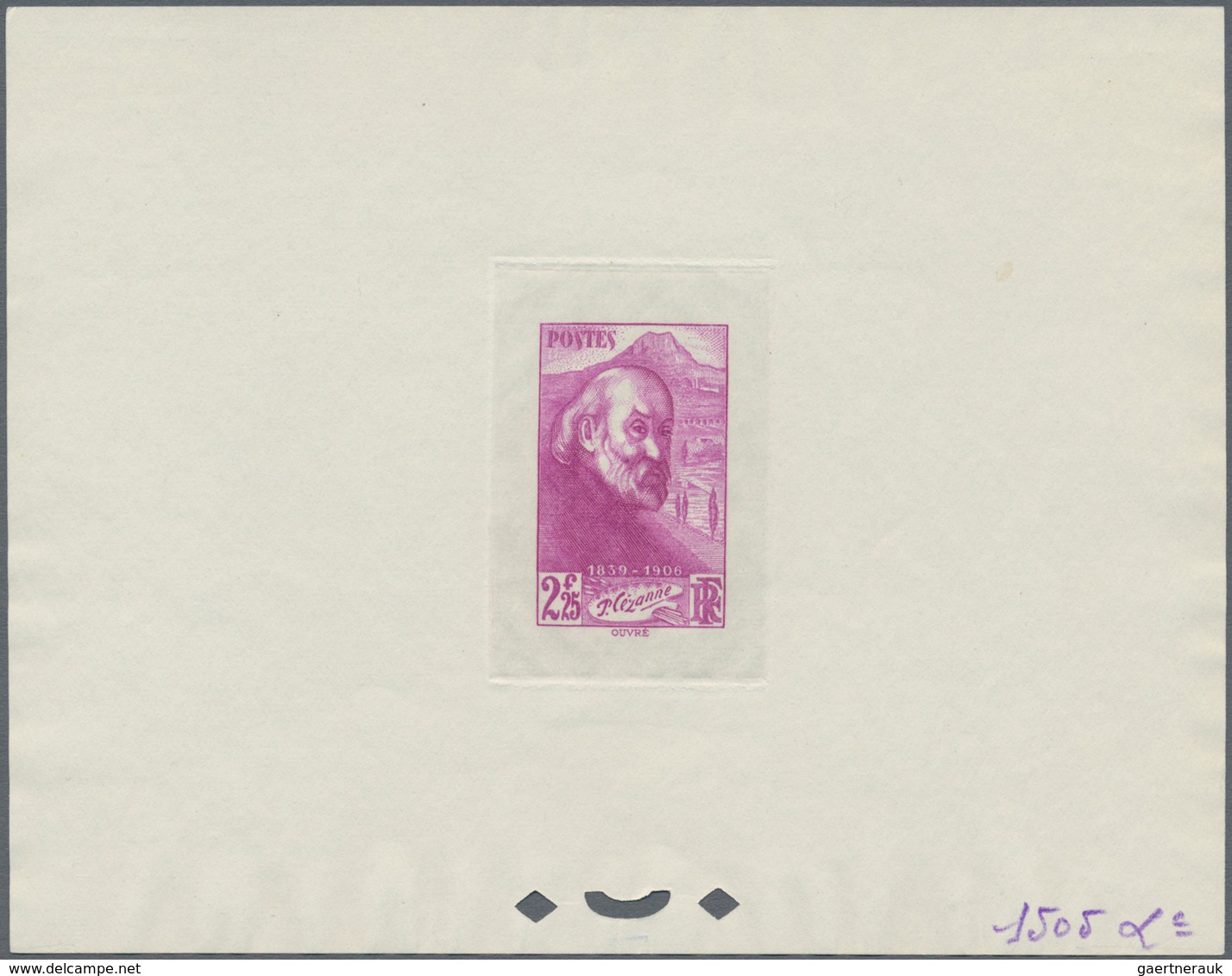 01488 Frankreich: 1939, 2,25 F Bright Lilac, Cezanne, Imperforated Color Proof On Card With Manuscript Des - Oblitérés