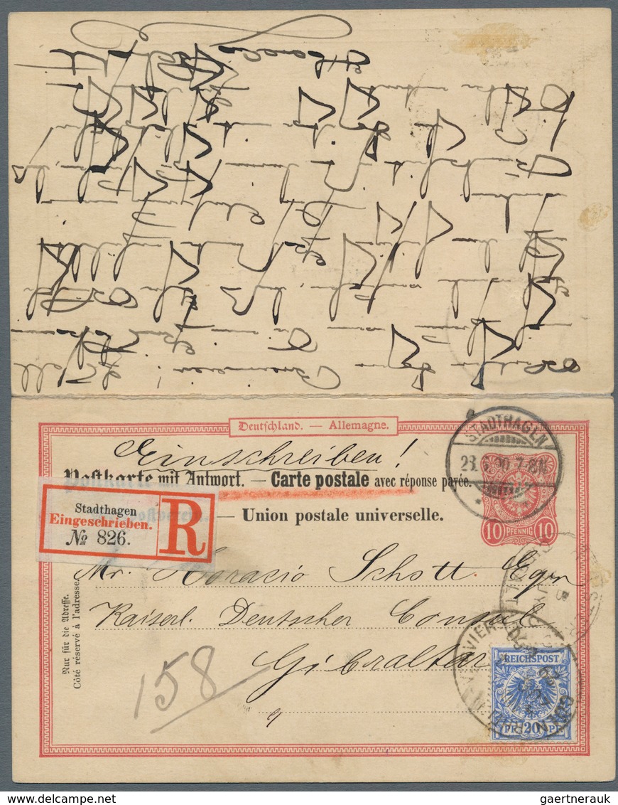 01490 Gibraltar: Deutsches Reich - Ganzsachen - 1890, 10 Pfg Reply Stationery Double Attached Card, Uprate - Gibraltar