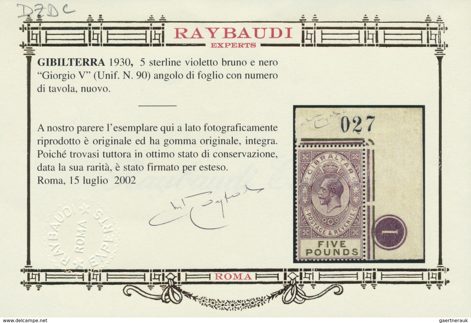 01491 Gibraltar: 1925: König Georg V 5 £ Violett/schwarzoliv, Postfrisches Luxusstück Aus Der Rechten Ober - Gibraltar