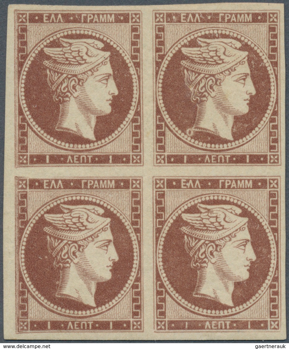 01494 Griechenland: 1861, 1 Lepta Chestnut, First Athens Printing, Unused Block Of Four With Full Original - Briefe U. Dokumente