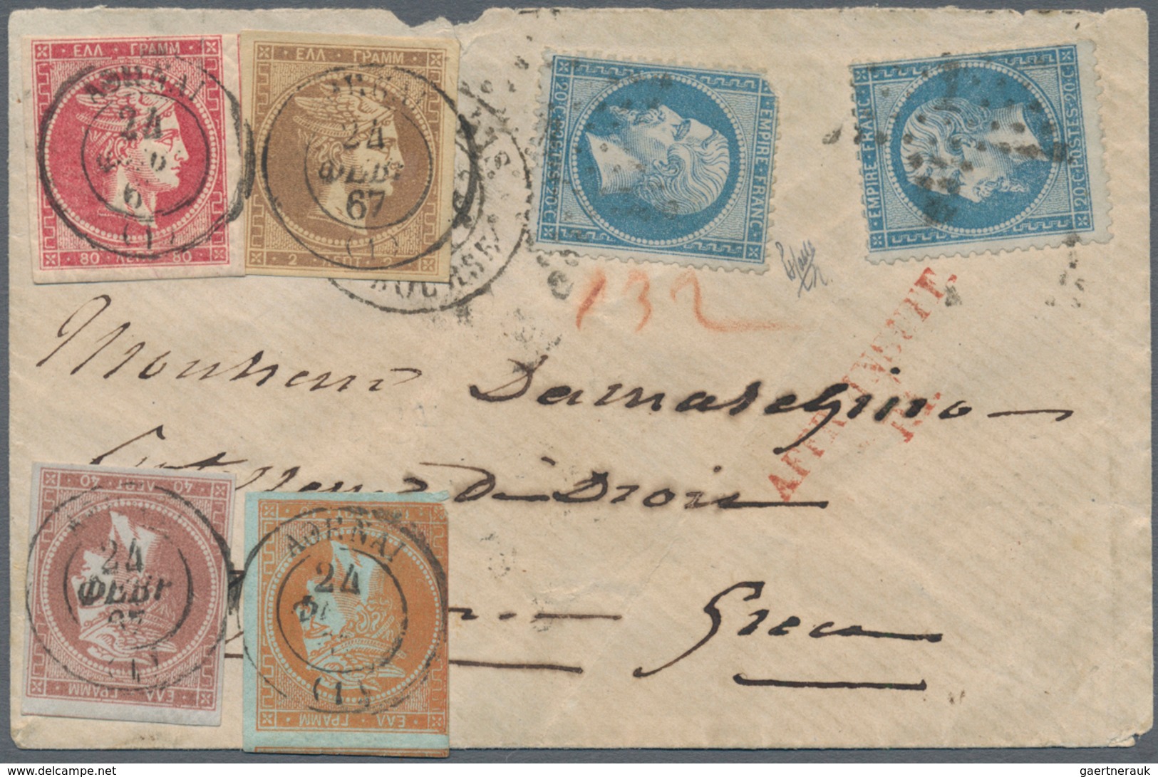 01496 Griechenland: 1867, France: 2 X 20 C Blue On Bluish Napoleon, Tied By Star Cancellation From Paris, - Briefe U. Dokumente