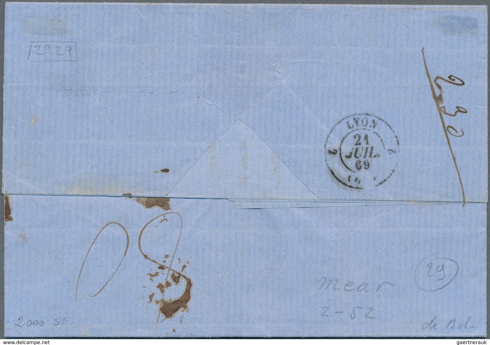 01497 Griechenland: 1869: Stampless Folded Letter With Full Content From Athens To Lyon, Transported On Pa - Covers & Documents