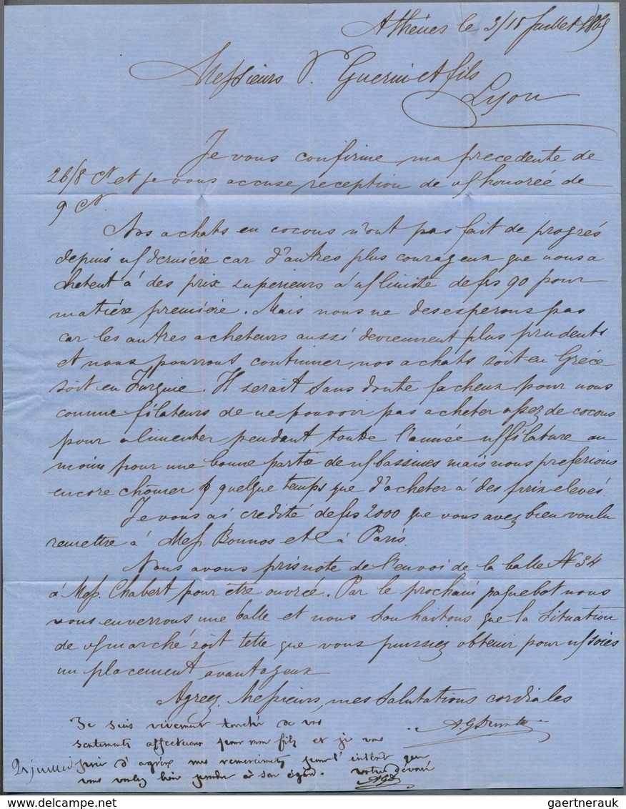 01497 Griechenland: 1869: Stampless Folded Letter With Full Content From Athens To Lyon, Transported On Pa - Covers & Documents