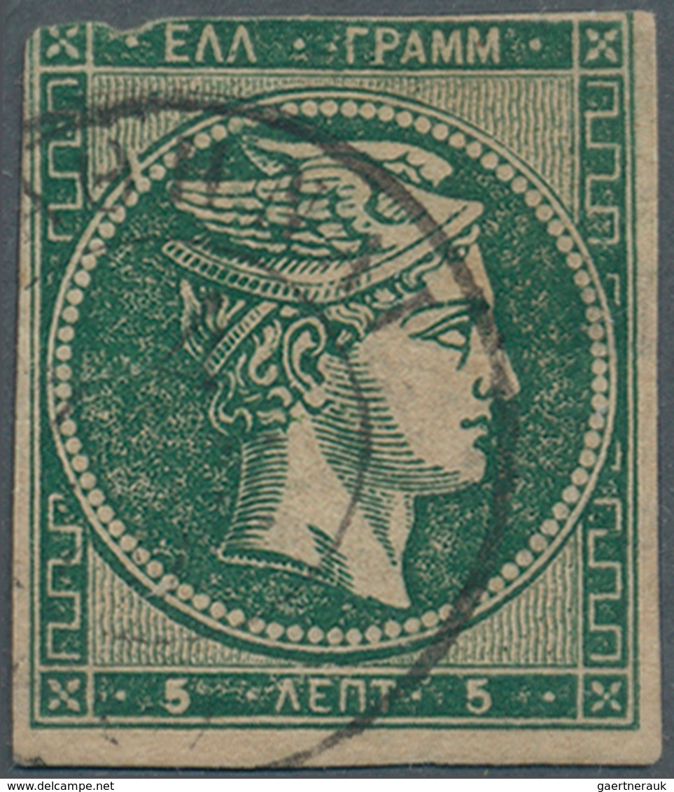 01498 Griechenland: 1875/80: 5 Lepta Deep Green Tied By "ATHEN / 4" With Plate Flaw "white Line" On Sheet - Brieven En Documenten