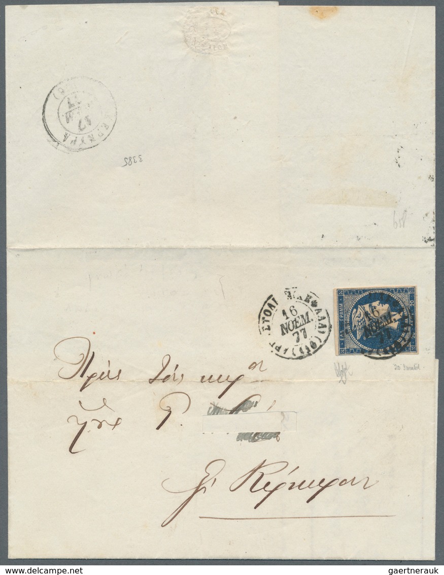 01499 Griechenland: 1875/80: 20 Lepta Deep Blue On Cream With Figures On Reverse In Ultramarine, Variety F - Briefe U. Dokumente