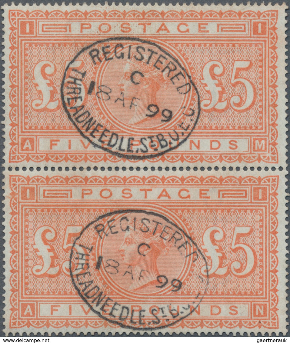 01507 Großbritannien: 1882: 5 £ Orange On White Paper, Vertical Pair "AM-AN", Each Stamp Centrally Cancell - Andere & Zonder Classificatie
