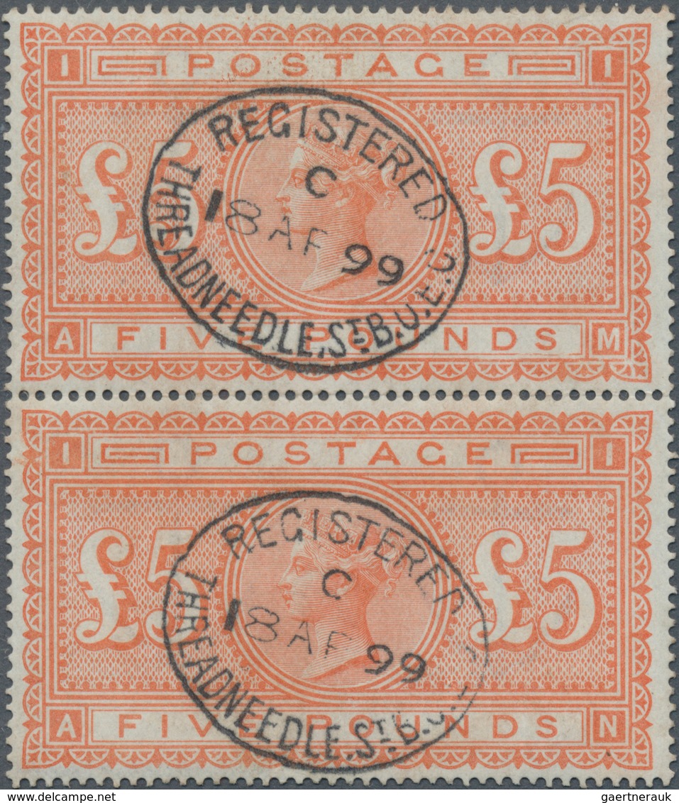 01507 Großbritannien: 1882: 5 £ Orange On White Paper, Vertical Pair "AM-AN", Each Stamp Centrally Cancell - Autres & Non Classés