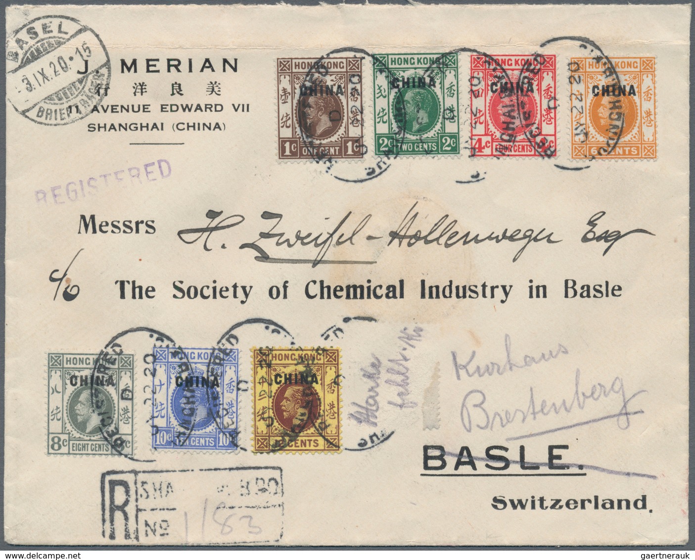 01513 Britische Post In China: 1918/20, Two Registered Merian-covers: KGV 1 C., 2 C., 4 C., 6 C. 8 C., 10 - Sonstige & Ohne Zuordnung