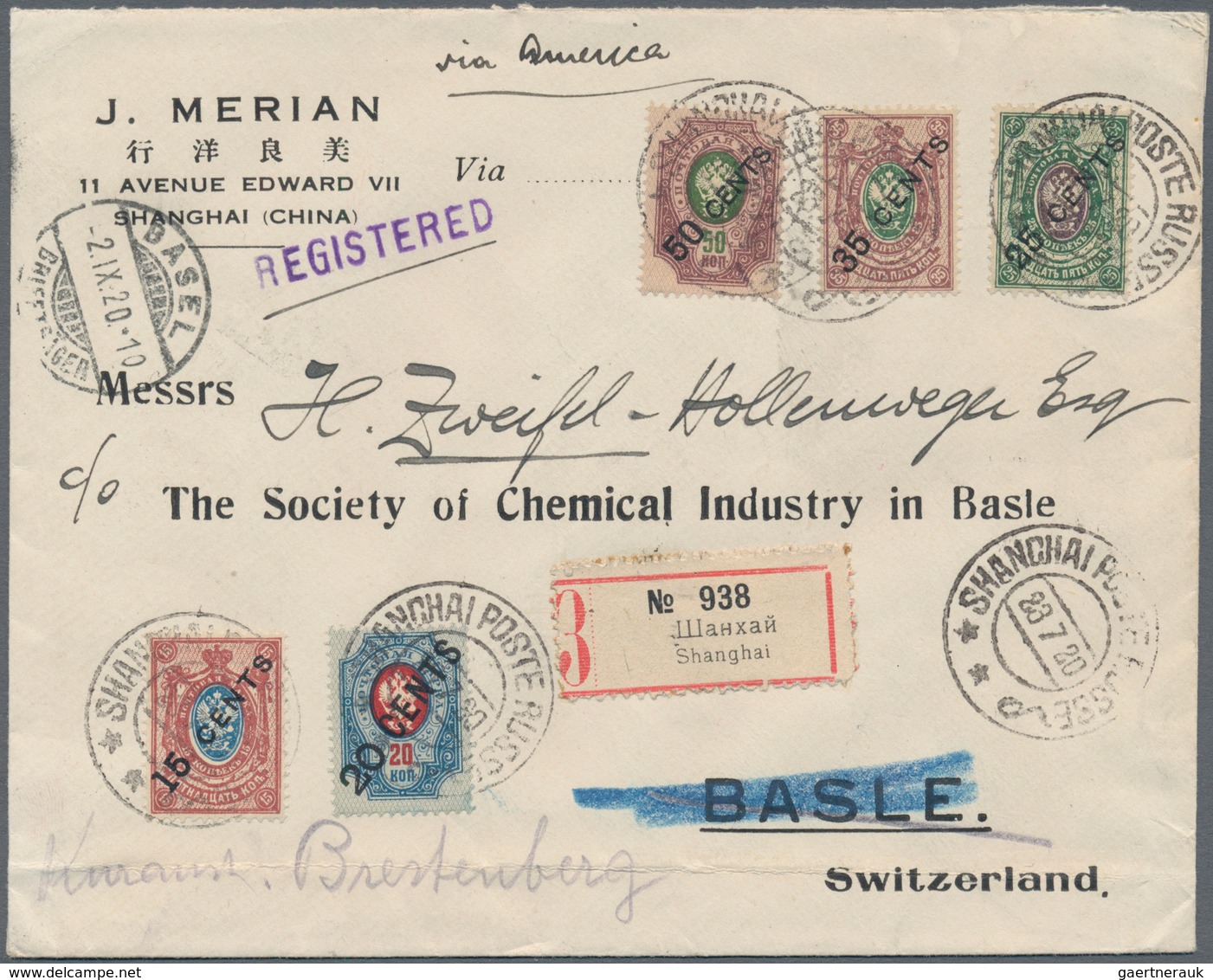 01513 Britische Post In China: 1918/20, Two Registered Merian-covers: KGV 1 C., 2 C., 4 C., 6 C. 8 C., 10 - Andere & Zonder Classificatie