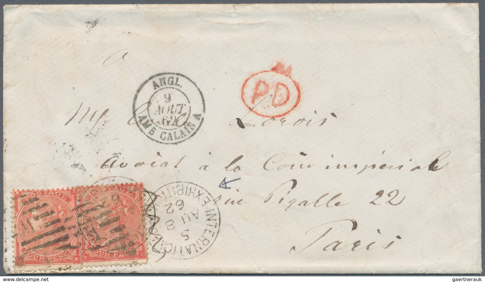 01514 Großbritannien - Stempel: 1862, 2 X 4 D Bright Red QV, Slightly Overlapping Multiple Franking, Tied - Poststempel