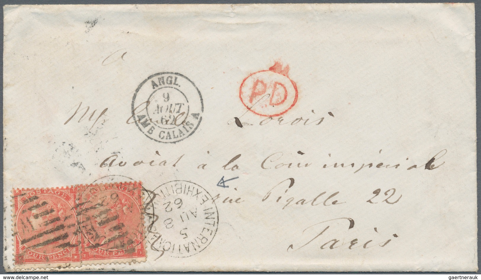 01514 Großbritannien - Stempel: 1862, 2 X 4 D Bright Red QV, Slightly Overlapping Multiple Franking, Tied - Marcophilie